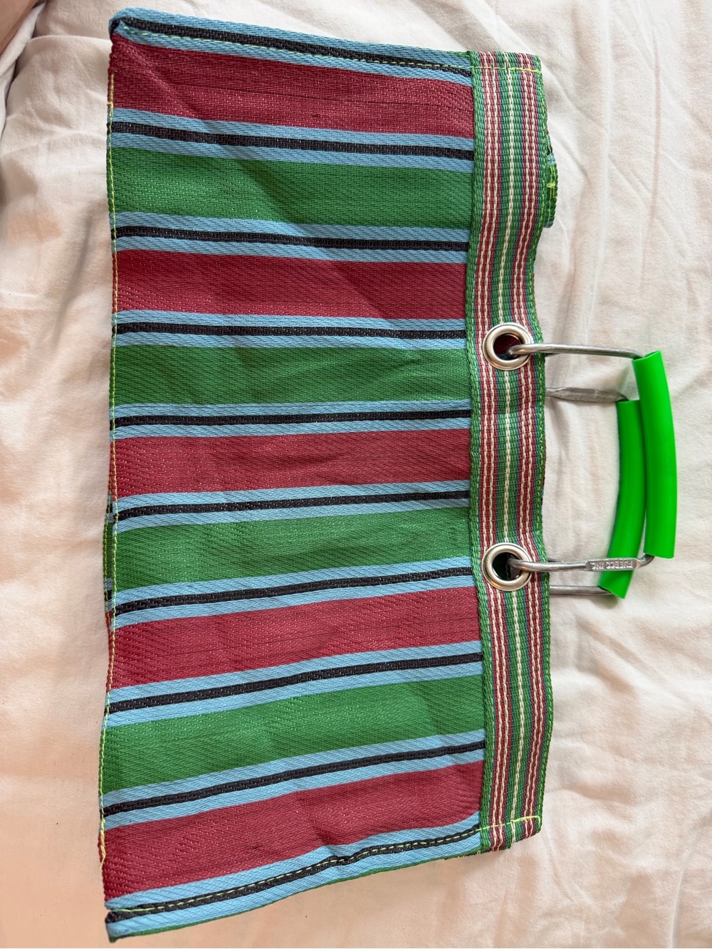 Striped summer Tote with Green Handles